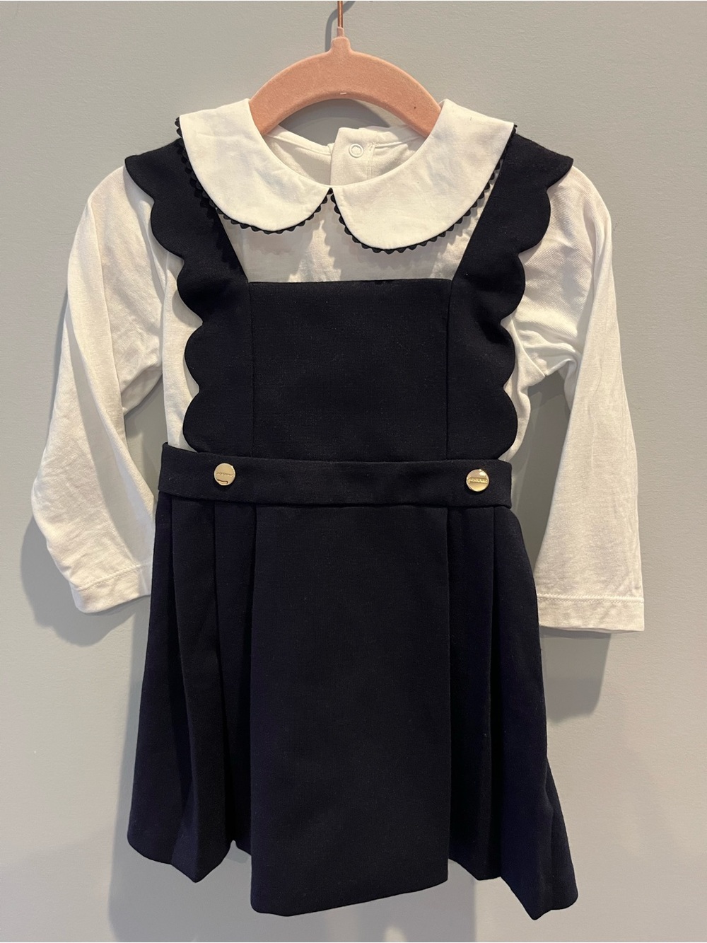 Jacadi Navy Pinafore Dress with White Peter Pan Collar Shirt 18M